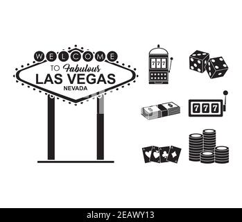 las vegas billboard and casino icon set over white background, silhouette style, vector illustration Stock Vector