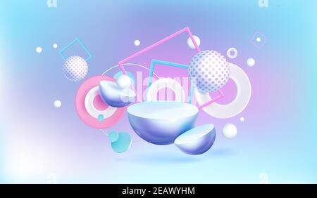 Abstract background with 3d geometric shapes on blue and pink backdrop, spheres with polka dots, hemispheres and white rings or circles with square frames, Realistic vector banner for ads promotion Stock Vector