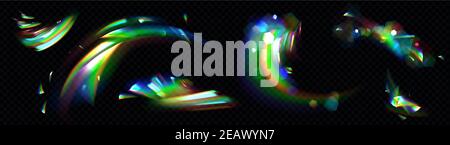 Rainbow crystal light, prism flare reflection, lens refraction, glass, jewelry or gem stone glare, optical physics effect isolated on black and transparent background, Realistic 3d vector illustration Stock Vector