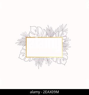Monstera and Fern Tropical Leaves Blank Banner or Label Template. Abstract Foliage with Horizontal Rectangle Golden Frame. Good for Wedding or Party Stock Vector