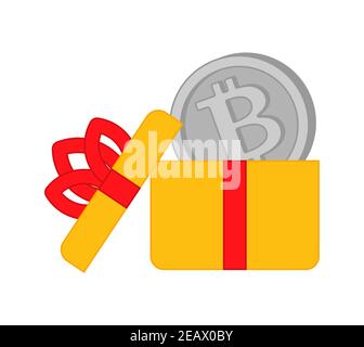 Bitcoin gift. Gift box and cryptocurrency. Digital gift of 21st century Stock Vector