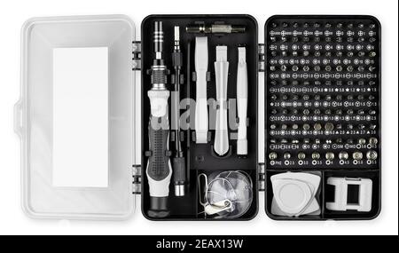 electronics repair service precison toolkit with bits screwdriver in black case isolated on white background. smartphone touchscrren fixing mechanic t Stock Photo