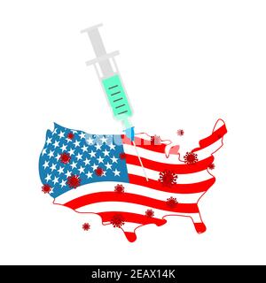 Coronavirus vaccine. USA vaccination. Syringe pierces America  map. Cure for infection  Covid-19 Stock Vector