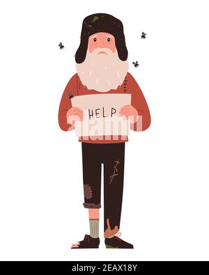 Homeless. A shaggy man in dirty rags. Character for infographics. Stock Vector