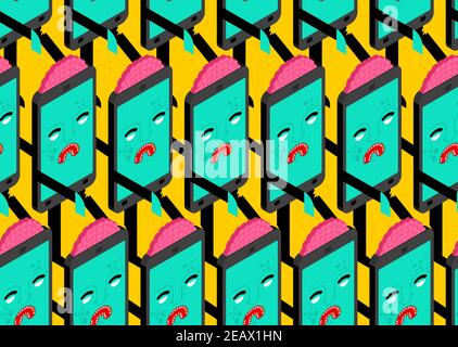 Zombie smartphone pattern seamless. Monster phone background. Gadget Green walking dead ornament Stock Vector