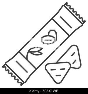 Granola candy bar icon. Oatmeal cookies, cake sign in outline style. Oatmeal cereal, chips and fast breakfast are shown. Stock Vector