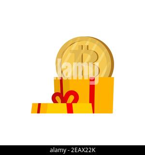 Bitcoin gift. Gift box and cryptocurrency. Digital gift of 21st century Stock Vector