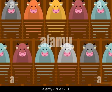 Cows in barn pattern seamless. Cattle on farm background. vector texture Stock Vector