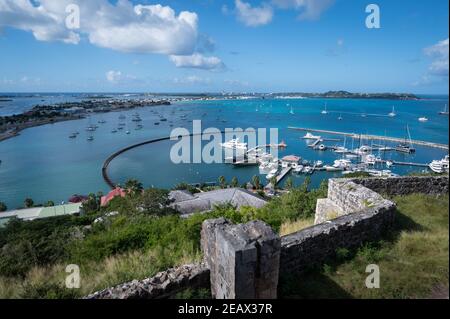 View from Fort Louis across the Marigot marina, St Martin, French Caribbean Stock Photo