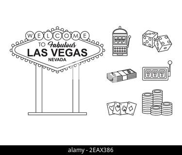 las vegas billboard and casino icon set over white background, line style, vector illustration Stock Vector