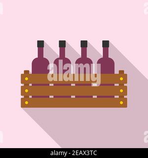 Wood box wine bottle icon, flat style Stock Vector