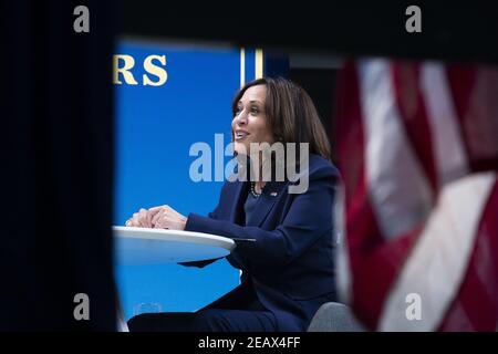 Washington, United States. 10th Feb, 2021. Vice President Kamala Harris, participates in a 'listening session' with mayors from the African American Mayors Association, in the Eisenhower Executive Office Building (EEOB) at the White House complex, in Washington, DC, on Wednesday, February 10, 2021. The event was held to discuss President Biden's American Rescue Plan (ARP), which intends to support communities struggling due to COVID-19. Photo by Michael Reynolds/UPI Credit: UPI/Alamy Live News Stock Photo