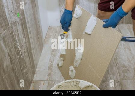 Spreading wet mortar before applying tiles on bathroom floor tile. Stock Photo