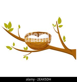 Bird nest with two eggs on branch with leaves isolated on white background. Springtime, cartoon bright, cute stock vector illustration. Closeup view, Stock Vector