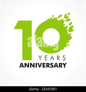 10 th anniversary numbers. 10 years old logotype. Age congrats, congratulation concept with leaves. Isolated abstract graphic design template. Herbal Stock Vector