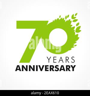 70 th anniversary numbers. 70 years old logotype. Age congrats, congratulation concept with leaves. Isolated abstract graphic design template. Herbal Stock Vector
