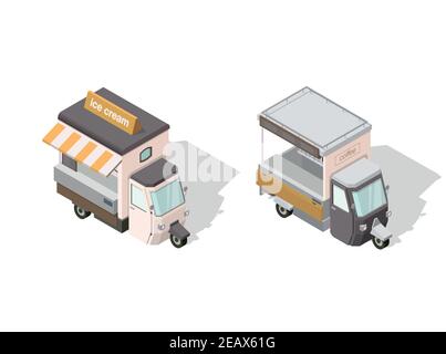 Vector isometric illustrations of ice cream and coffee street food trucks. Tuc tuc. Stock Vector