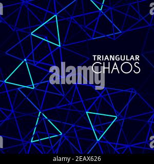 Triangular chaos. Abstract background with chaotic neon and blue triangles on dark blue background. Vector graphic pattern Stock Vector