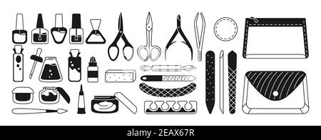 Manicure equipment monochrome set. Black glyph polishing nails, polish, file, tweezers, hand cream, scissors, oil, nippers. Manicure tools design elements beauty and Spa concept trendy vector Stock Vector