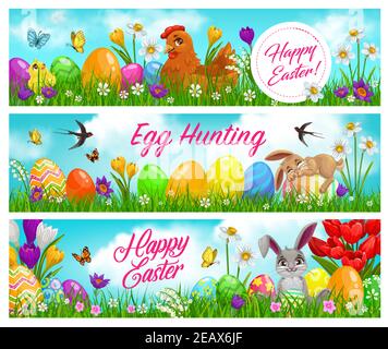 Happy easter and egg hunting banners with funny bunny or rabbit playing with easter eggs and sleeping on meadow grass, hen and chick among spring flow Stock Vector