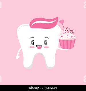 Valentines day tooth with cupcake dental icon isolated on background. Stock Vector