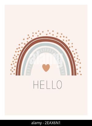 Cartoon rainbow with Hello phrase. Cute kids poster, card, or print in nordic style. Hand drawn vector illustration, design element for Scandinavian Stock Vector
