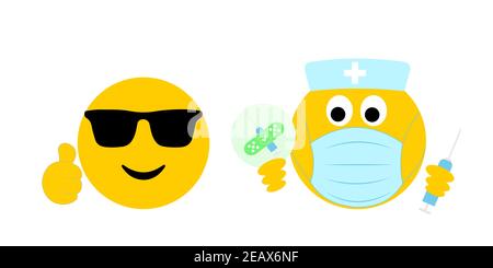 Cool smiling thumbs up emoji getting I got my jab today sticker from smiling medical emoji with vaccine syringe, flu covid 19 medical vaccination Stock Photo