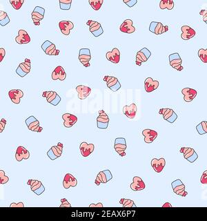 Cupcake sweet lovely seamless vector pattern. Can be used in textiles, for book design, website background.Valentines day or wedding romantic print. Stock Vector