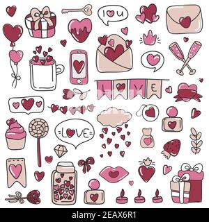 Valentines Day doodle set with love elements. Vector illustration EPS10. For wedding,love,romantic card,Valentine template.Flat element collection. Stock Vector