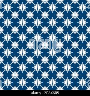 Nautical seamless pattern with blue helms and anchors on white. Ship and boat steering wheel ornament. Marine background with rudder. Summer vector fl Stock Vector