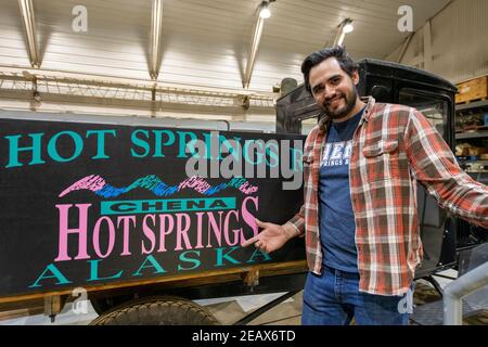 Indoor sign for Chena Hot Springs Resort in Fairbanks, Alaska Stock Photo