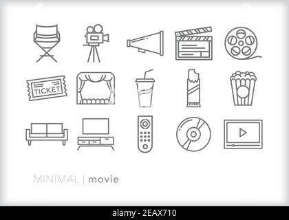 Set of 15 movie line icons for watching a movie or premier at a theater or streaming at home Stock Vector