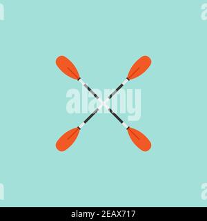 Two crossed oars. Flat vector icon isolated on blue. Rowing oars. Paddle Boat. Plastic oars. Water sport. Fishing. Stock Vector