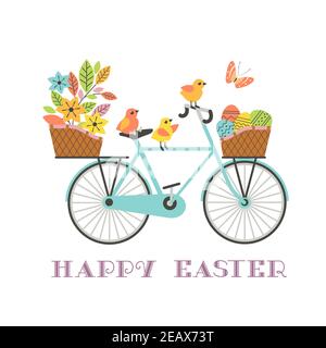 Cute Easter Chickens on retro Bicycle with Eggs in basket Stock Vector