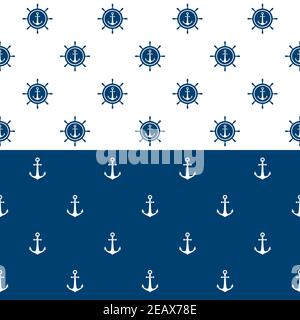 Nautical seamless pattern with blue helms and anchors on white. Ship and boat steering wheel ornament. Marine background with rudder. Summer vector fl Stock Vector