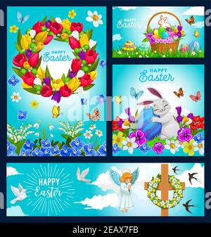 Happy Easter holiday vector posters with bunny hugging painted egg on green meadow, flower wreath, angel praying at cross and basket with blossoms. Ea Stock Vector