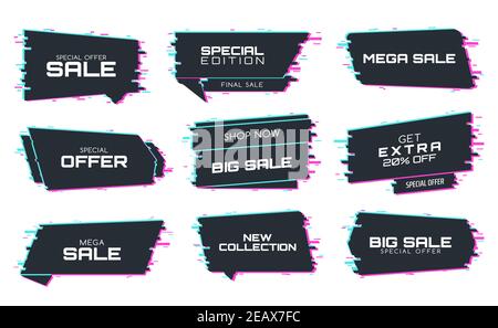 Sale labels with glitch effect, vector promo icons for special edition mega sale. New collection, special offer discount for black friday price off pr Stock Vector