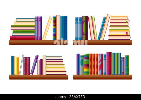 Bookcase shelves set. Bestseller books stack in cartoon style. Vector illustration isolated on white background Stock Vector