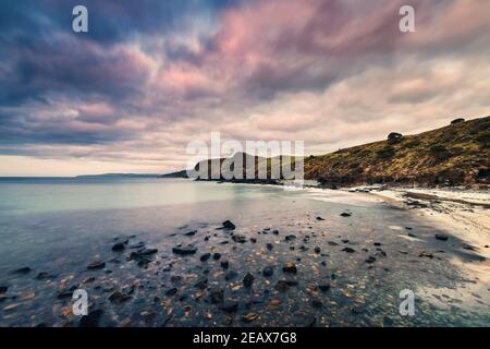 Second Valley beach with rugged coastline at dusk in South Australia Stock Photo