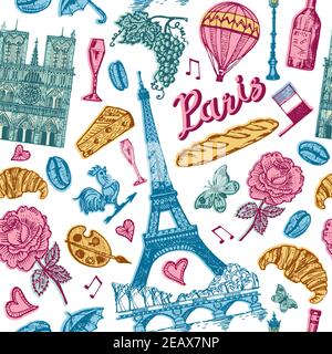 Paris seamless pattern in vintage retro style. France, eiffel tower and buildings. Retro doodle elements. Vector illustration. Hand drawn engraved Stock Vector