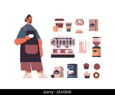 set coffee shop tools and accessories with male barista in uniform sweets and coffee collection full length isolated horizontal vector illustration Stock Vector