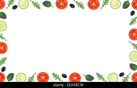 Vegetables frame with tomatoes, cucumbers and leaves of spinach, arugula on white background Stock Vector