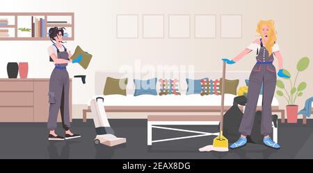 professional cleaners couple women janitors using cleaning equipment working together office interior full length horizontal vector illustration Stock Vector