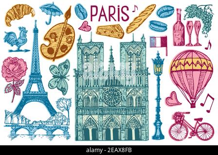 Paris set in vintage retro style. France, eiffel tower and buildings. Retro doodle elements. Vector illustration. Hand drawn engraved retro sketch Stock Vector