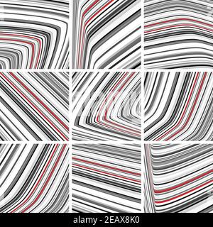 Set of abstract striped tile pattern with black-and-white and red thin strips. Graphic vector design Stock Vector