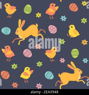 Cute Easter Rabbit, Chicken Seasonal Decorative seamless vector pattern Stock Vector