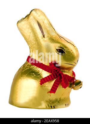 Chocolate Happy Easter Bunny. Chocolate rabbit foil golden isolated on the white background Stock Photo