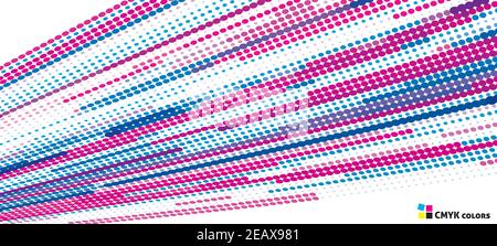 Abstract halftone background with perspective dotted surface by blue and cerise dots. Vector graphic pattern Stock Vector