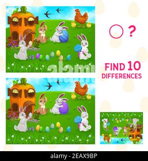Find differences kids game with vector Easter egg hunt. Children education puzzle or spot 10 differences worksheet template with cartoon Easter bunnie Stock Vector
