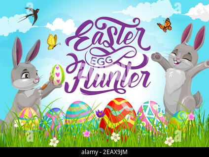 Happy Easter holiday egg hunt poster with cartoon vector bunnies painting eggs and playing on field with green grass, flowers, butterflies and swallow Stock Vector